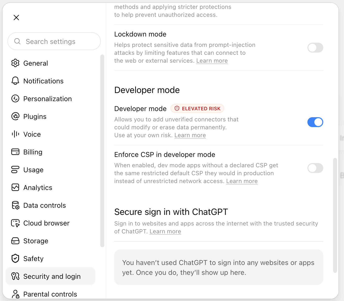 ChatGPT's Security and login settings, with the Developer mode toggle switched on and marked ELEVATED RISK.