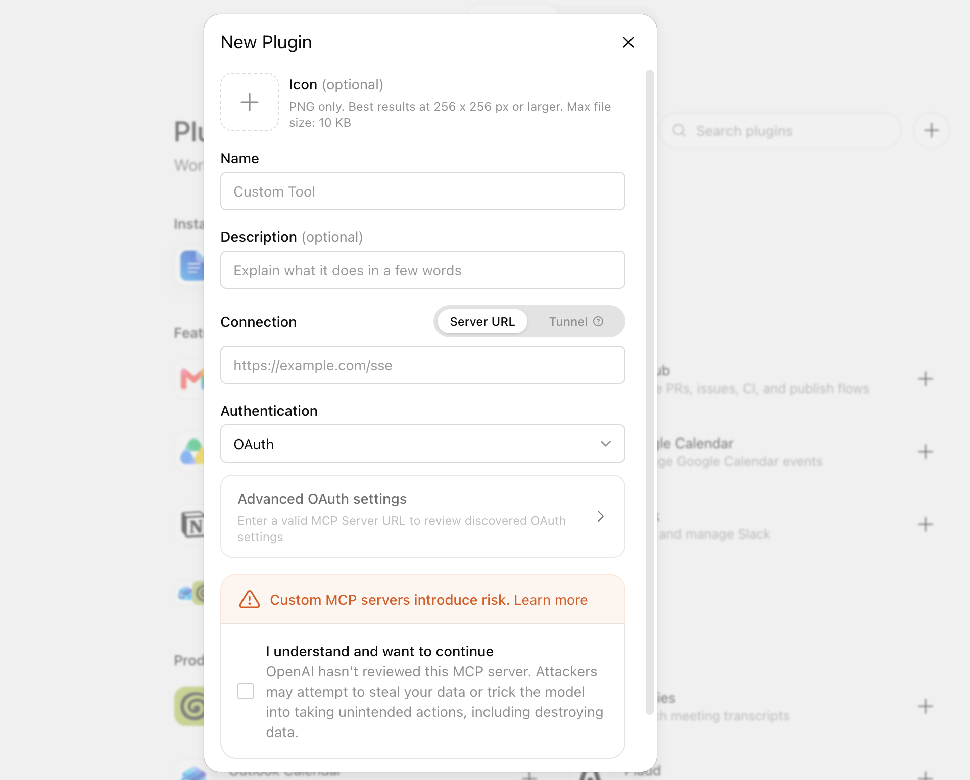 The empty New Plugin dialog with fields for Name, Description, Connection, and Authentication, and a warning that custom MCP servers introduce risk.