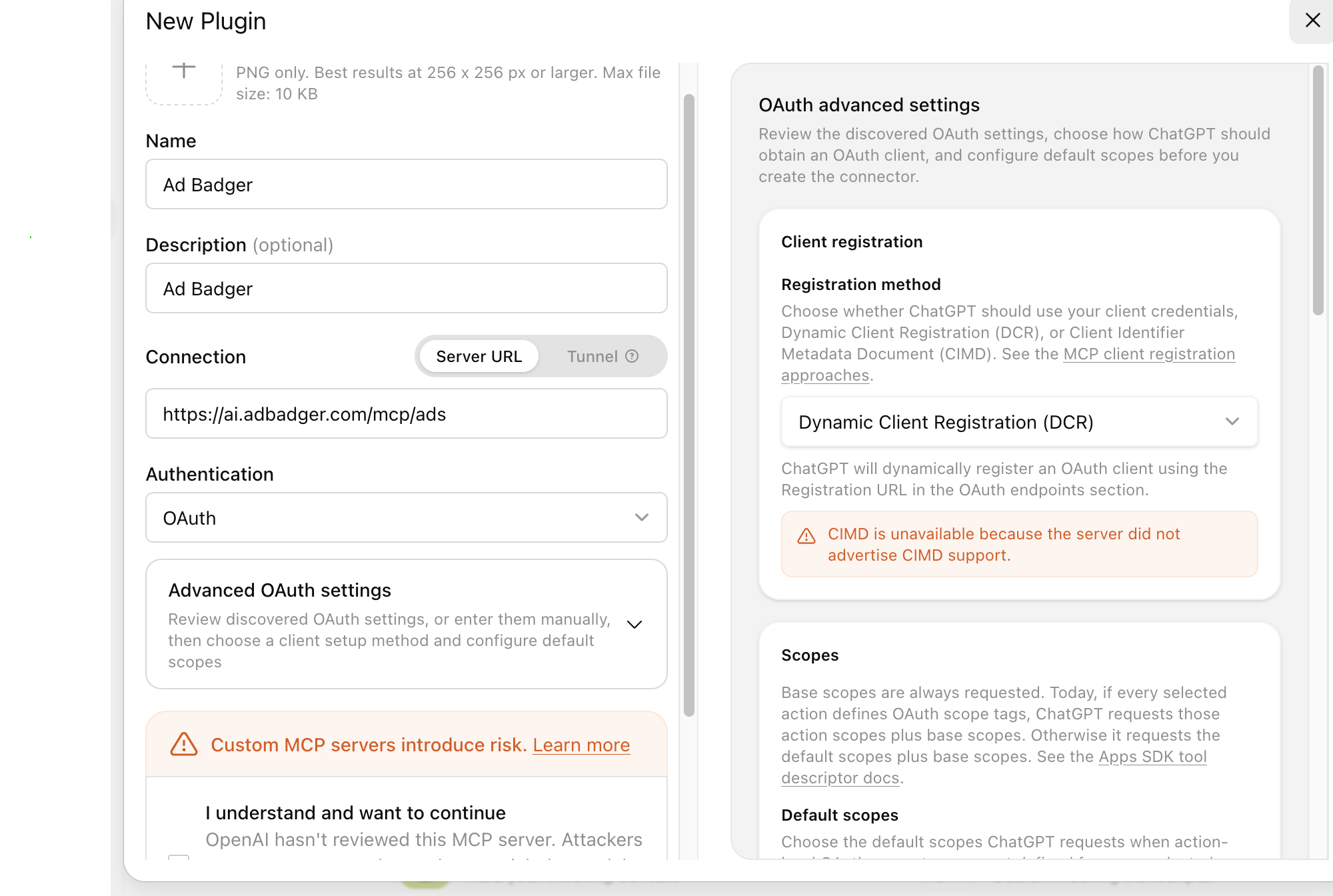 The New Plugin dialog filled in with the Ad Badger endpoint, alongside the OAuth advanced settings panel showing Registration method set to Dynamic Client Registration and a note that CIMD is unavailable.