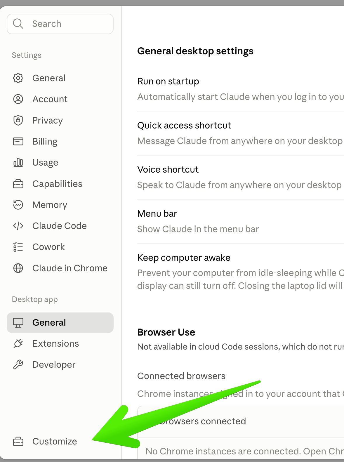 Claude's Settings window. Customize sits on its own at the very bottom of the left sidebar, below the Desktop app section.