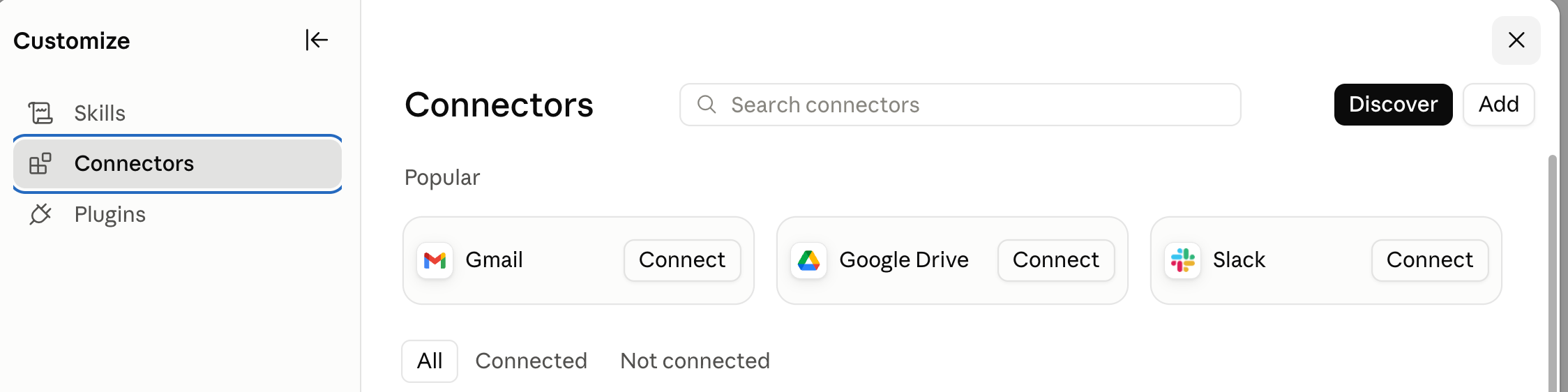 The Customize panel, with Skills, Connectors and Plugins in the left sidebar and Connectors selected. Discover and Add buttons sit at the top right.