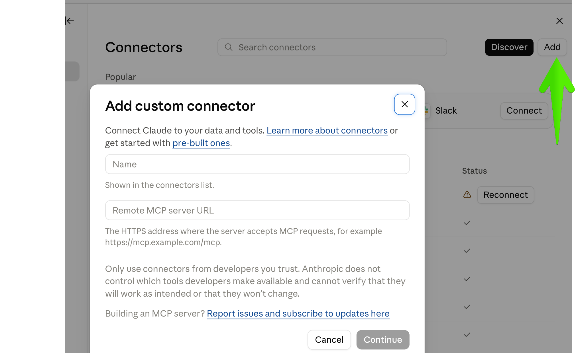 The Add button at the top right of the Connectors panel, which opens the Add custom connector dialog.