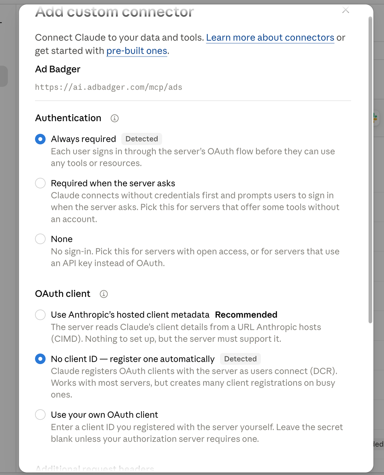 The Authentication and OAuth client screen. Always required is selected and marked Detected. Under OAuth client, No client ID - register one automatically is selected and marked Detected, while Use Anthropic's hosted client metadata is unselected but labelled Recommended.