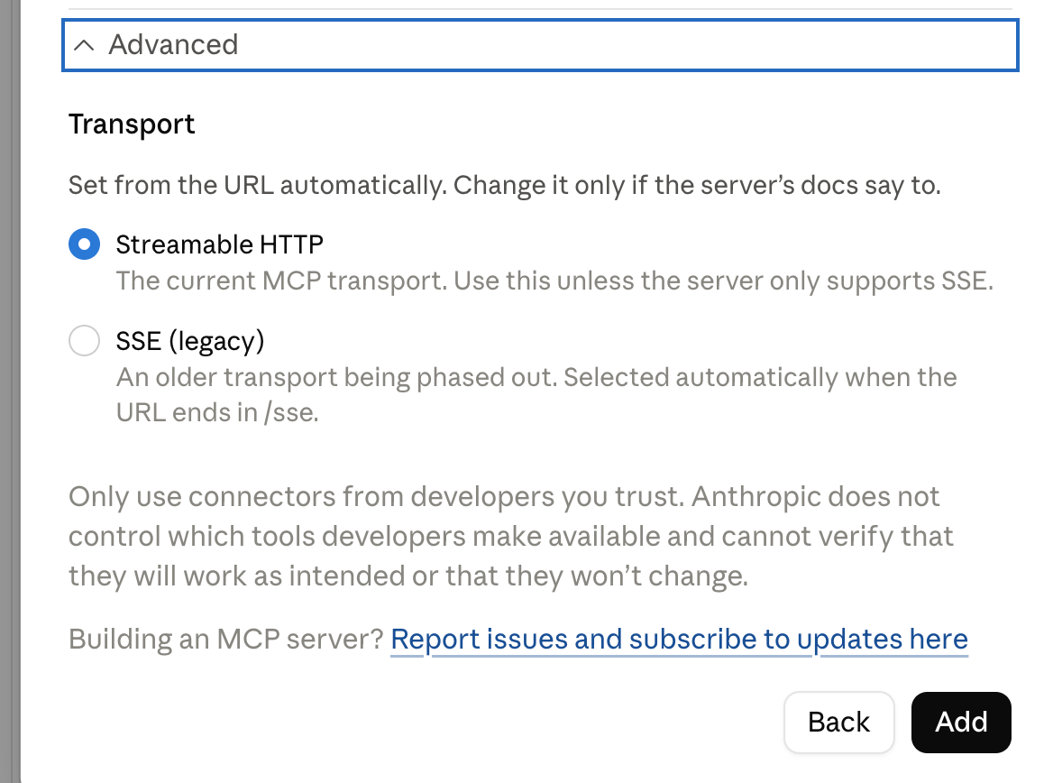 The Advanced section showing Transport set to Streamable HTTP, with the note that it is set from the URL automatically.