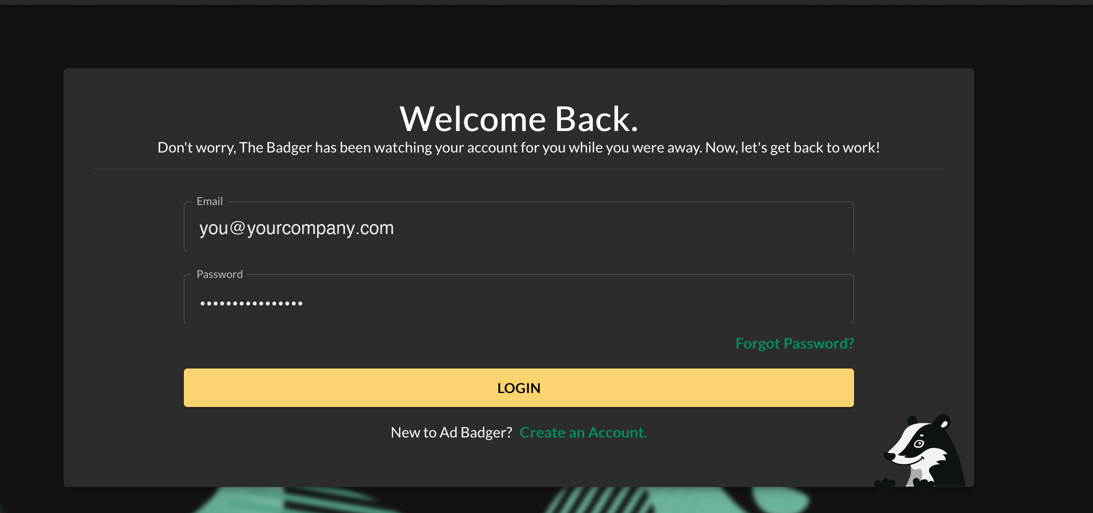 The Ad Badger sign-in screen, asking for your email address and password.