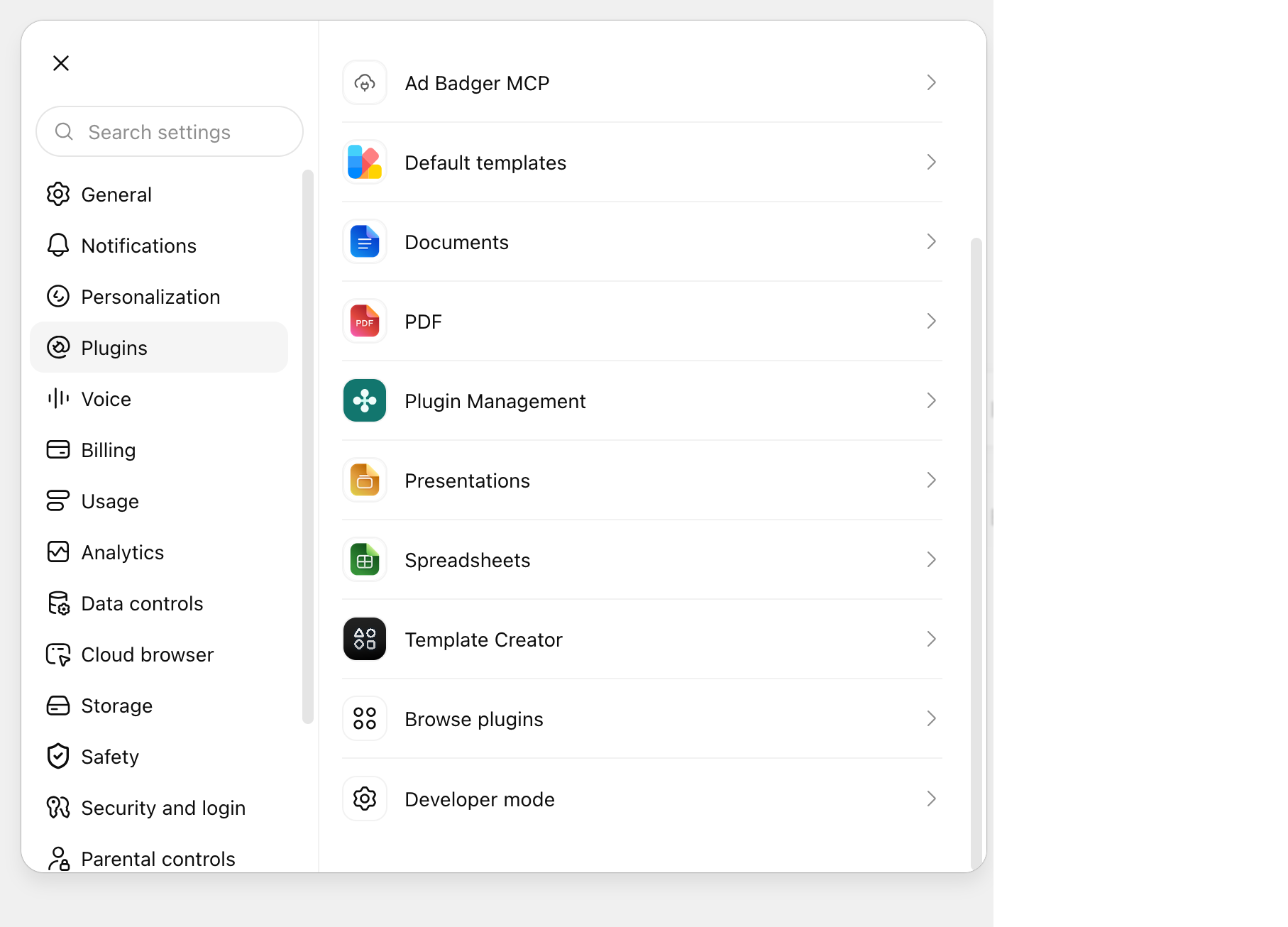 ChatGPT's Plugins settings page, listing installed plugins with Browse plugins and Developer mode at the bottom.