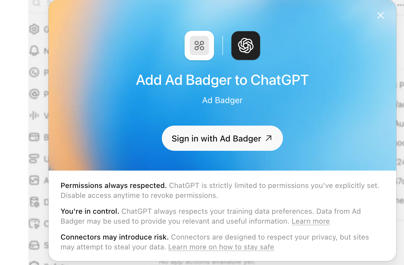 The Add Ad Badger to ChatGPT screen with a Sign in with Ad Badger button, and notes about permissions and data control.